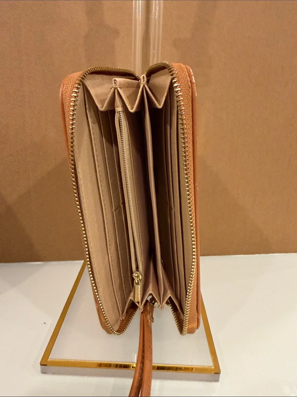 Tory Burch Caramel Tan Wristlet with Gold Logo Medallion